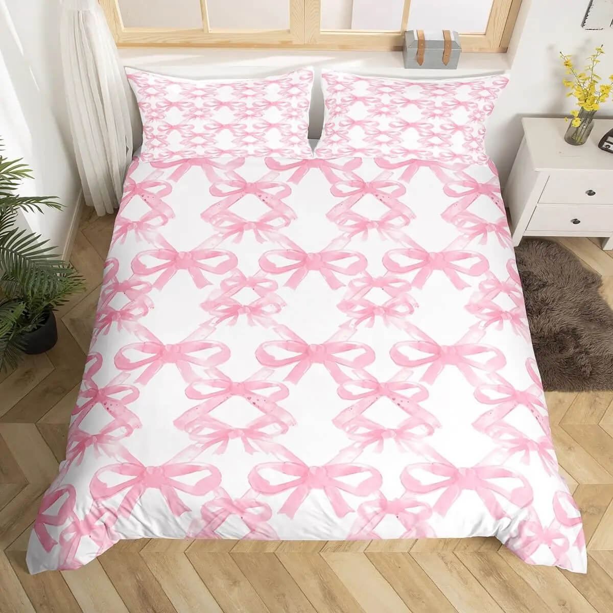 Pink Bowknot Bedding Set Soft Cozy Bedroom Decoration