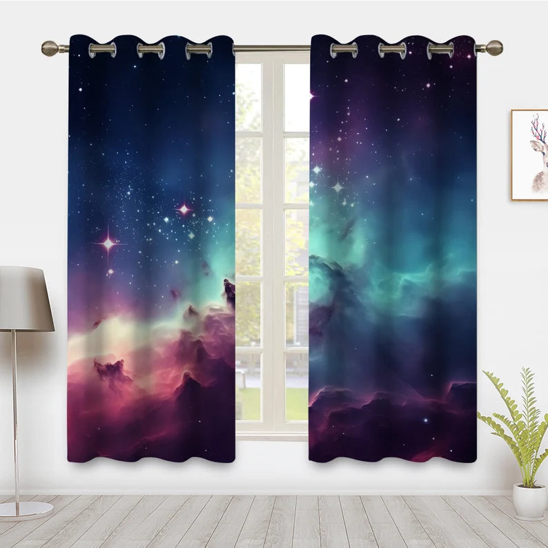 Psychedelic starry sky curtains, Universe Galaxy Outer Space Nebula Window Curtains, Planets Fantasy Blackout Curtains Drapes privacy Decor