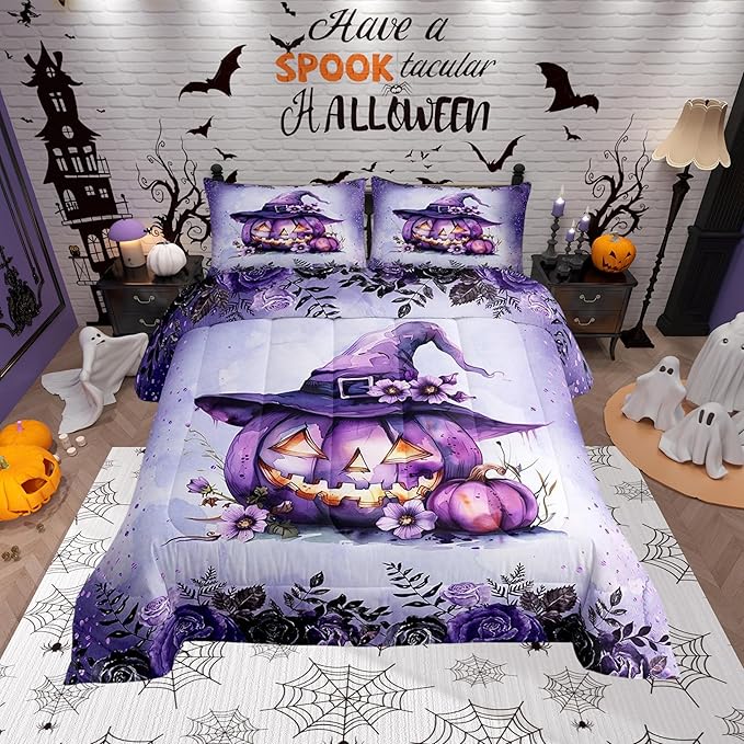 Pumpkin Lantern 3 Pcs Queen Size Quilt cover Set,Watercolor Flowers Down Alternative Adults Bedroom Decor,Gothic Purple Halloween Theme Ultra Soft Microfiber