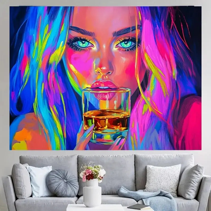 Neon drinking girl tapestry with rave aesthetic and glowing party ambiance