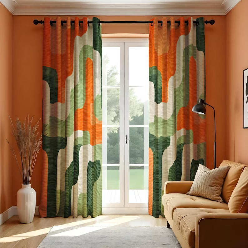 Retro Abstract Curtains, Geometric Wave Design Drapes, Mid Century Modern Window Treatment, Bold Orange Green Beige Curtain Panels