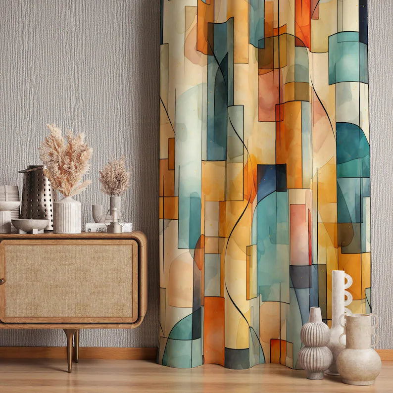 Retro Boho Curtains, Mid Century Style Curtain, 70s Retro Window Curtains, Geometric Abstract Curtains, Mid Century Abstract Printed Curtain