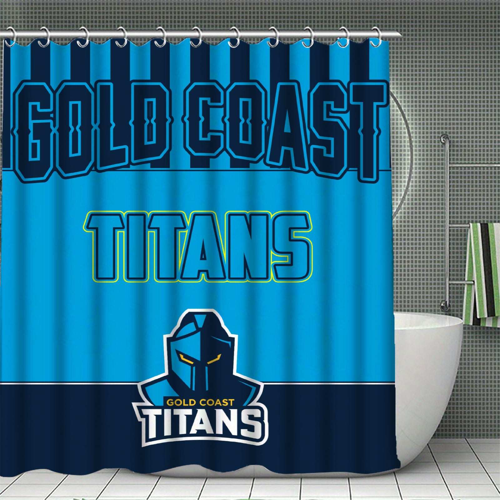 Sports-themed bathroom curtain decor