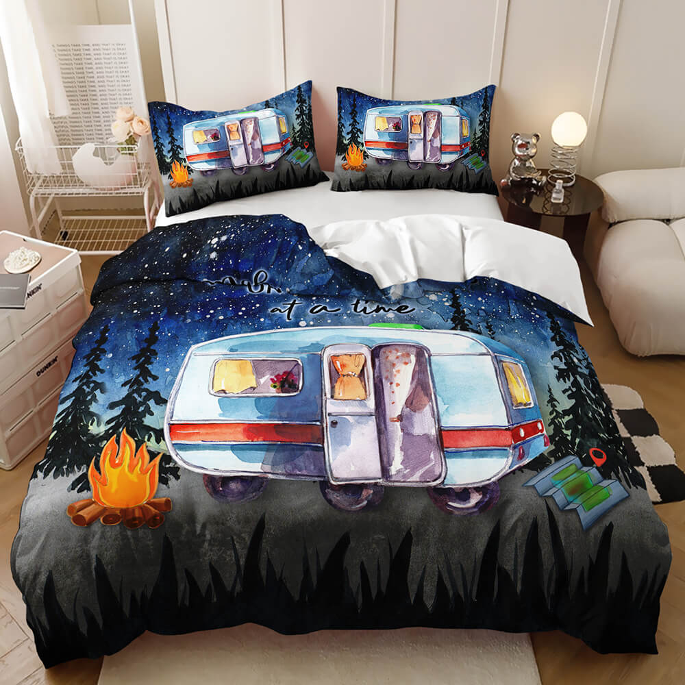 Camping themed quilt cover for campervan and caravan lovers