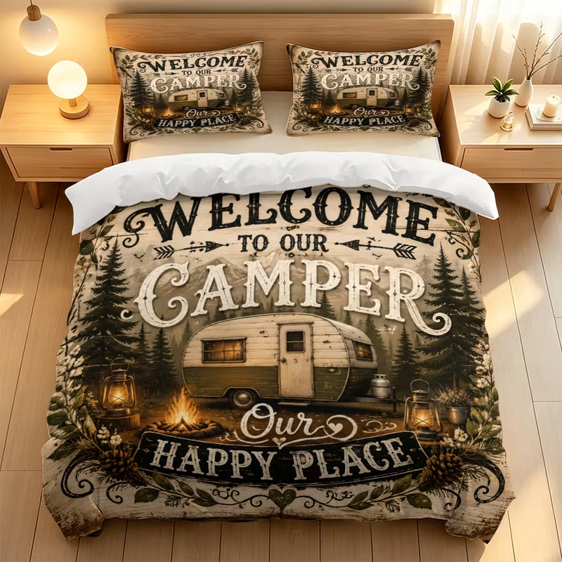 Camper trailer quilt cover with rustic starry night scenery