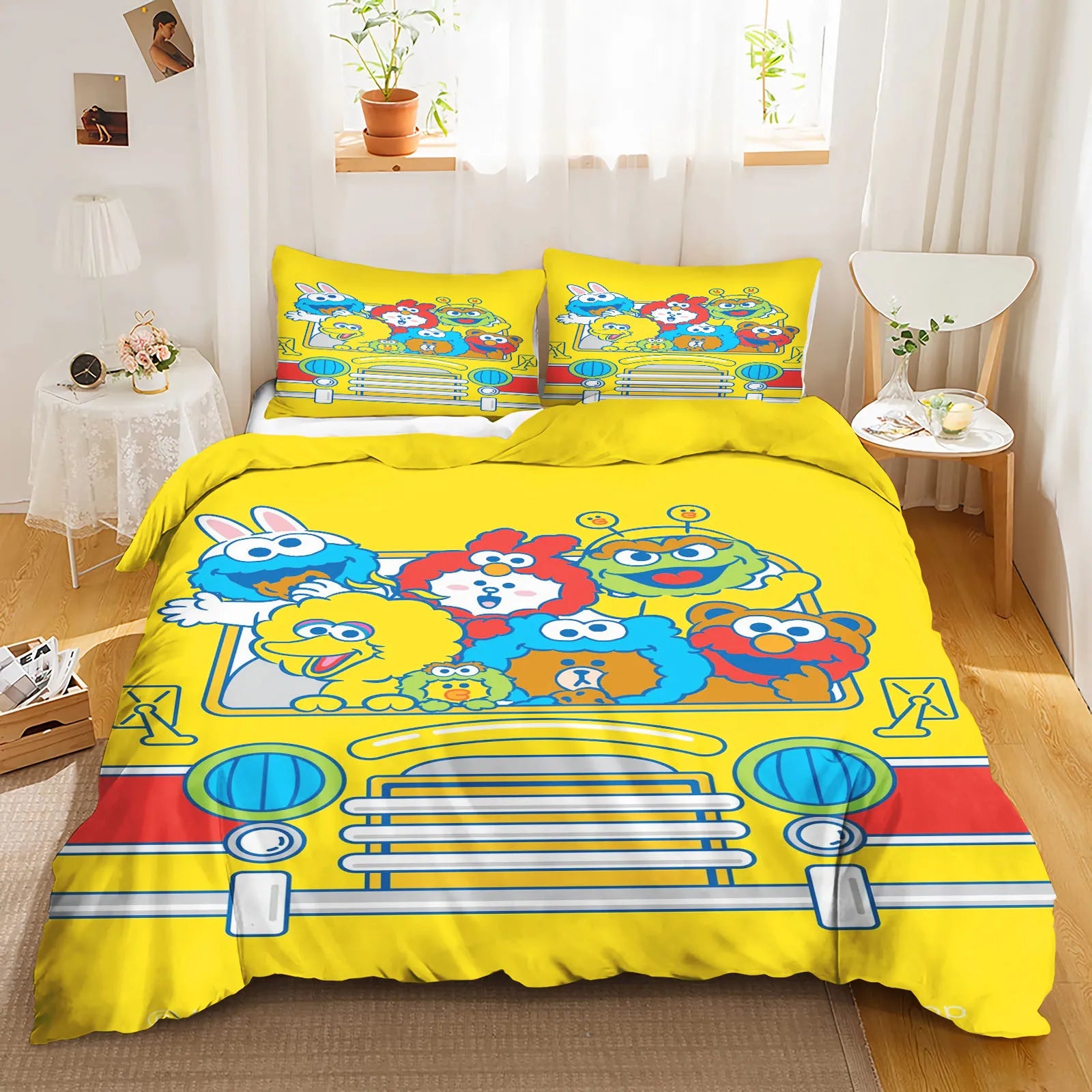 Side angle of the bed with duvet neatly tucked and pillows arranged.