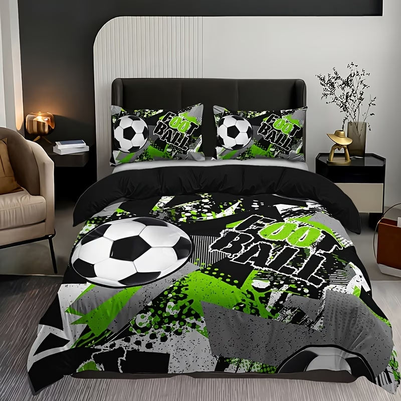 A bed dressed in a black, white, and neon green soccer-themed bedding set, shown in a modern bedroom with matching pillows
