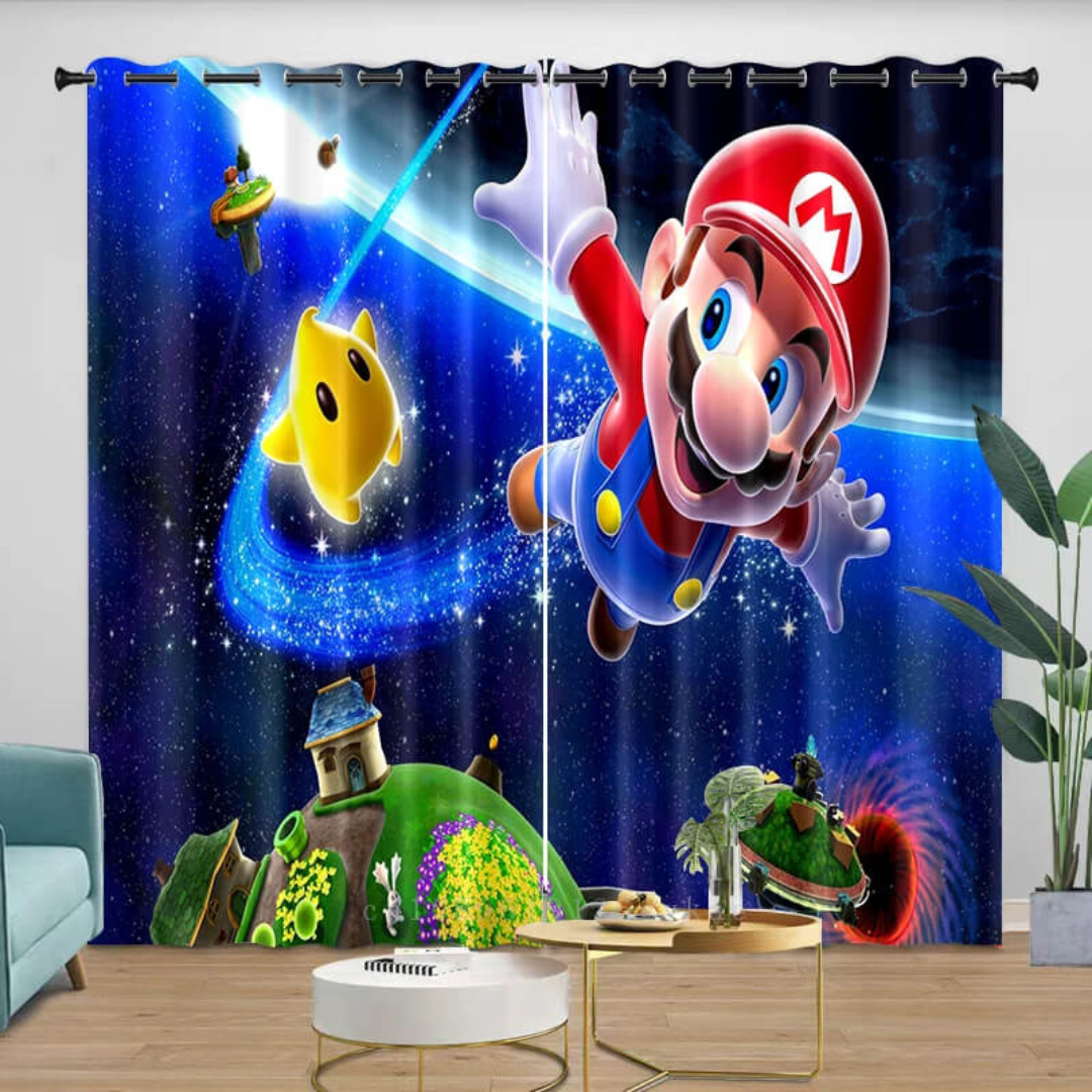 Kids window curtains with Super Mario print design