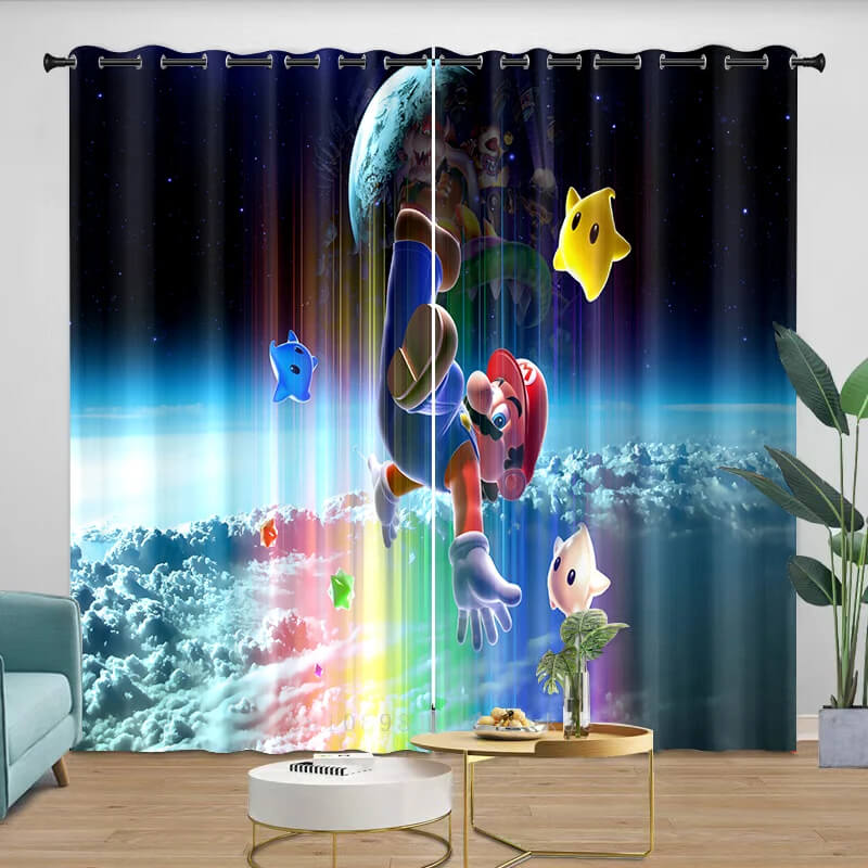 Kids gaming blackout curtains with Mario and Luigi