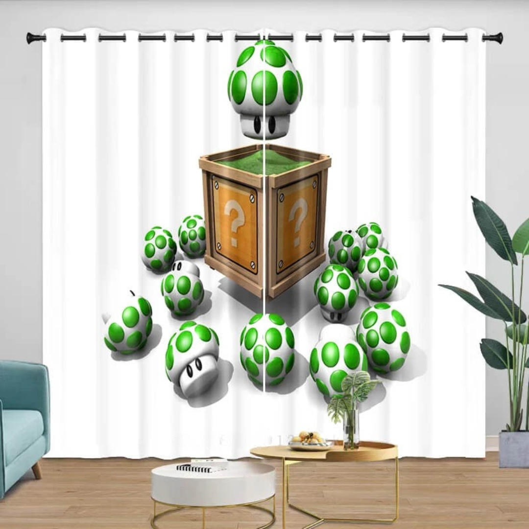 Cartoon blackout curtains featuring Mario characters