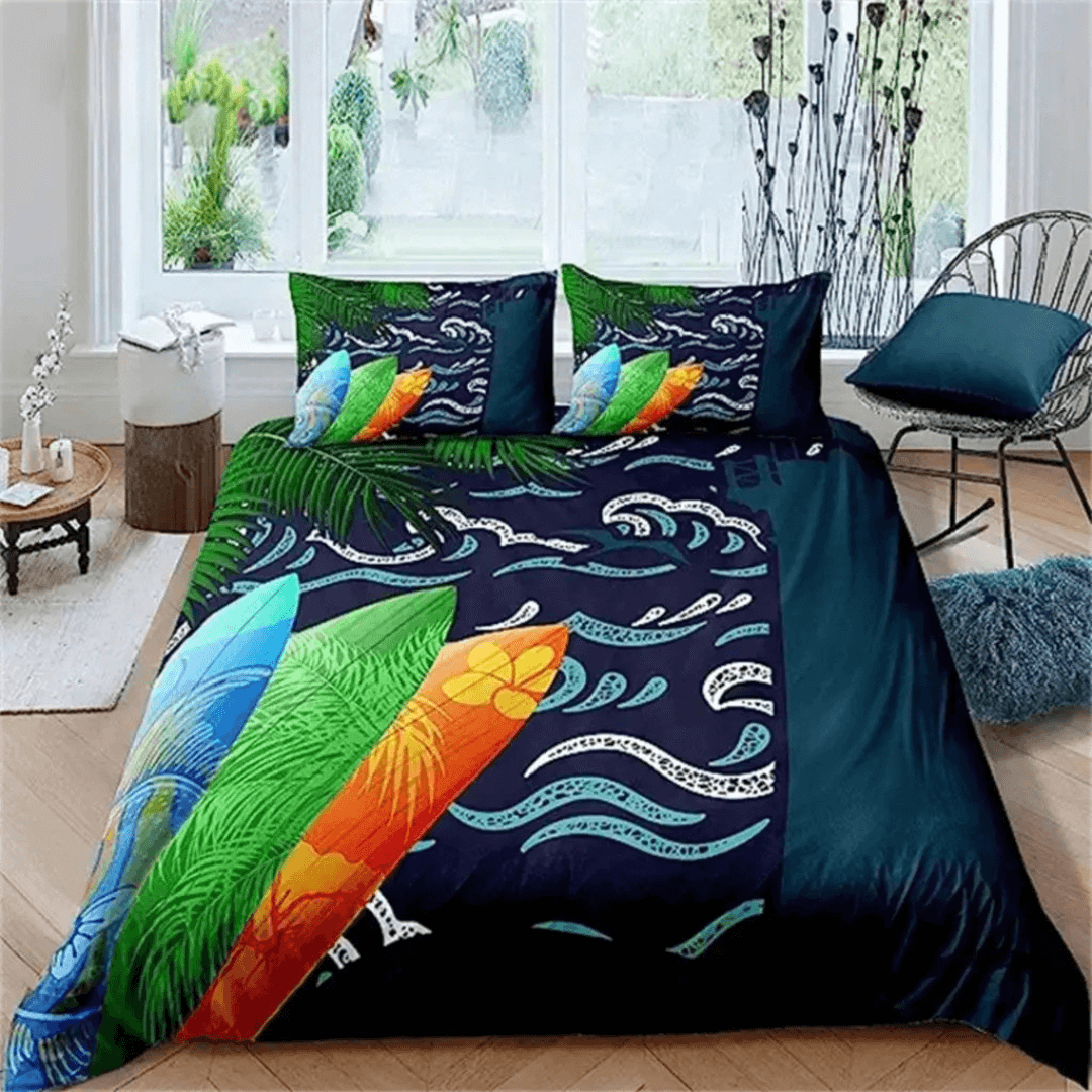 Coastal decor doona cover with summer surfboard art