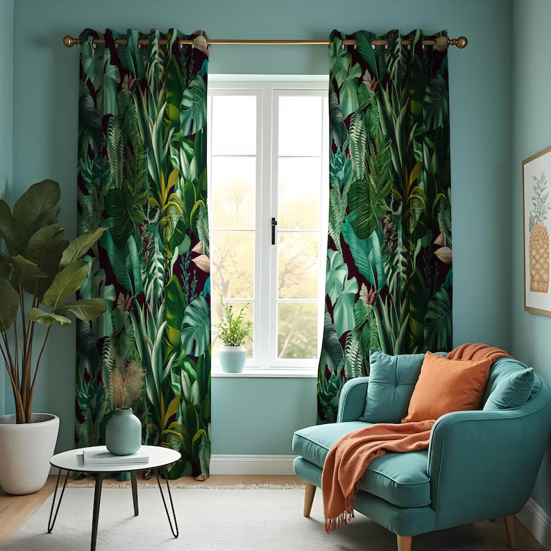 Tropical Fern & Leaf Print Curtains, Lush Greenery Drapes, Jungle Window Treatments, Nature Themed Living Room or Bedroom Curtain Panels