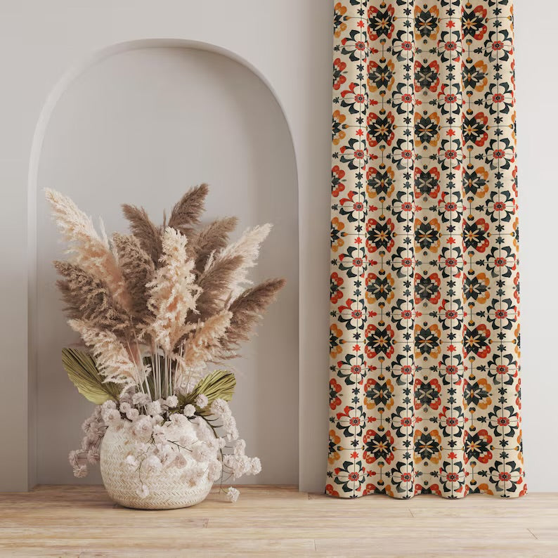 Vintage Tile Pattern Curtains, Mediterranean Window Curtain, Folk Floral Design Drapes, Retro Inspired Fabric, Boho Mosaic Style Curtain
