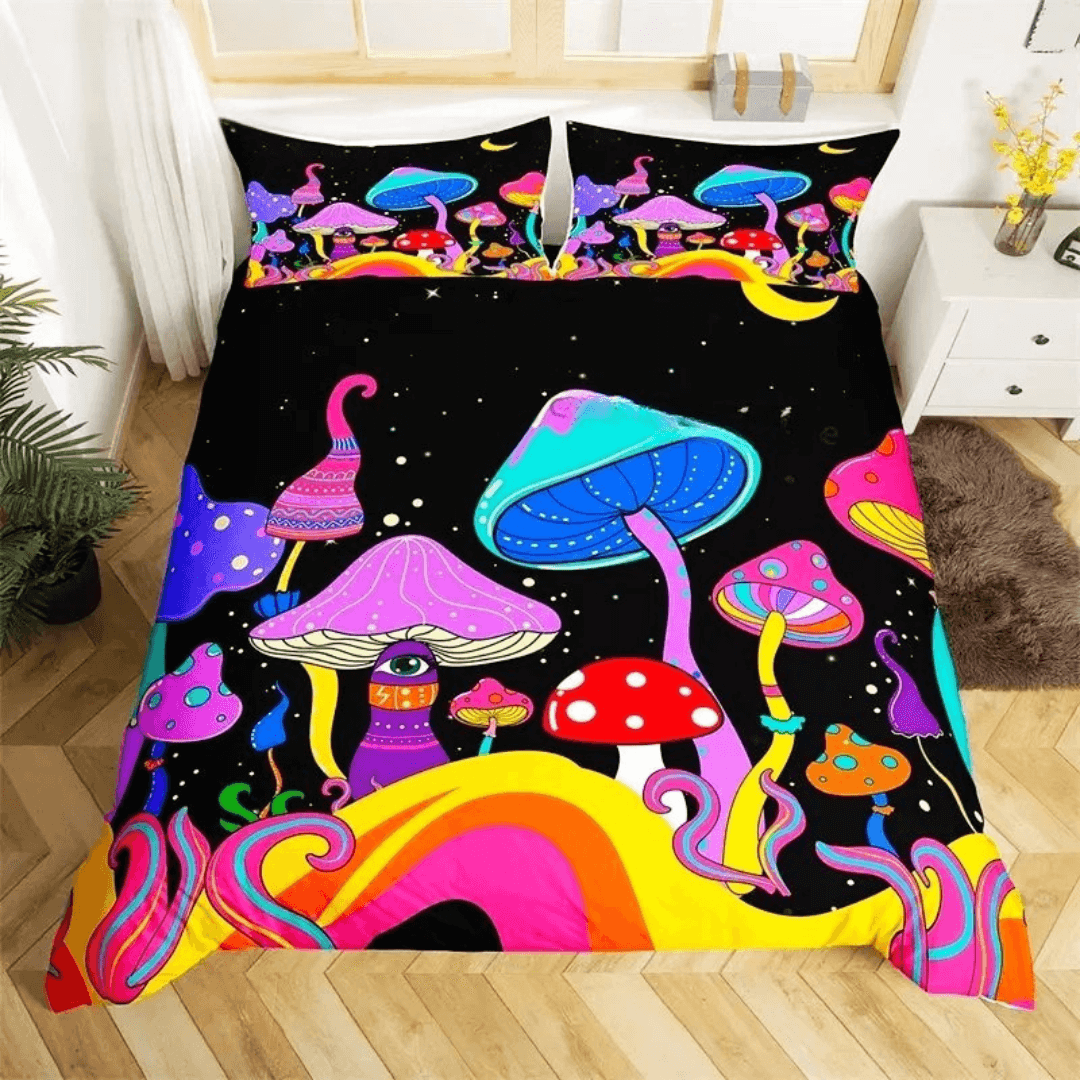 Vibrant watercolor forest mushroom duvet cover decor