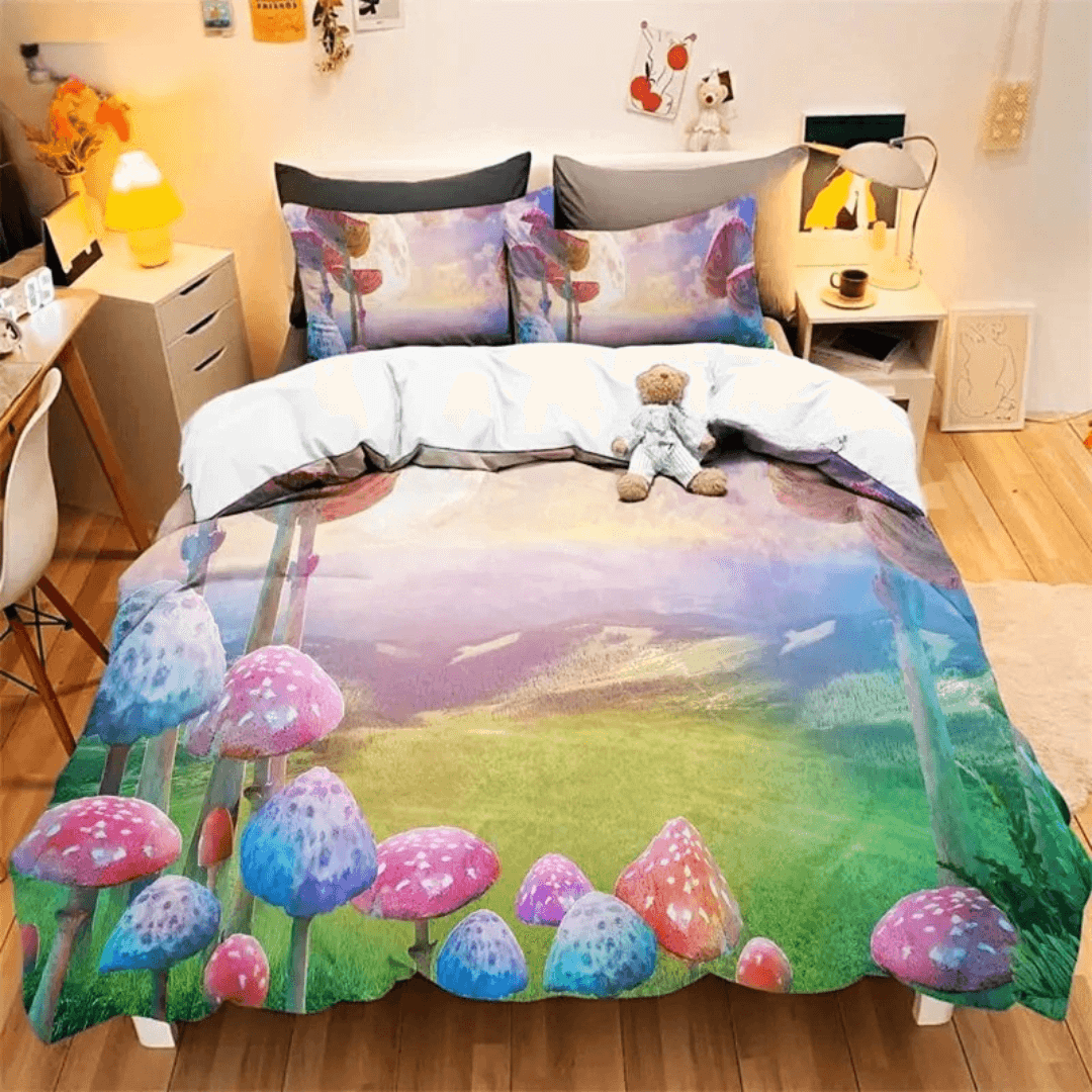 Fantasy style watercolor mushroom duvet cover set