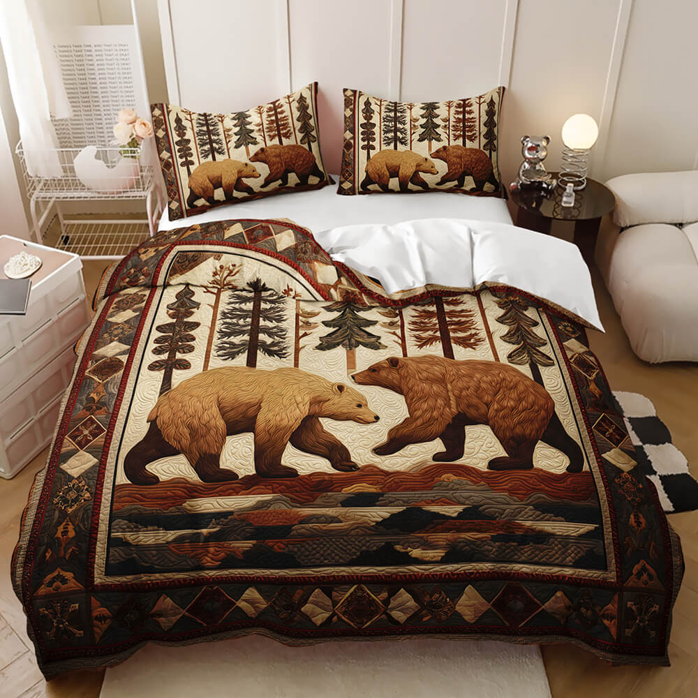 Forest themed bedding featuring a wild bear