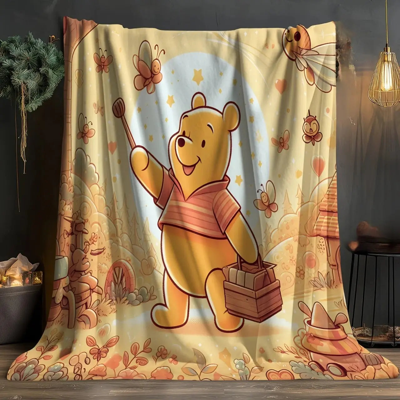 Winnie the Pooh fleece throw blanket folded on a bed with soft pillows