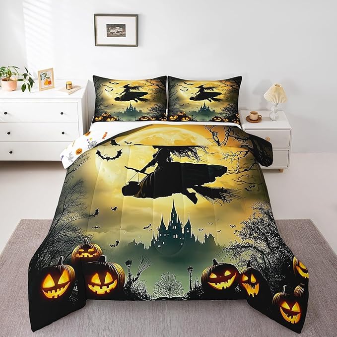 Witch Bedding Set, Halloween Pumpkin Comforter Set Queen Size, Gothic Spooky Bat Duvet Insert Castle Terror Theme Bedding Comforter Sets for Kids Boys Teens Adult Bedroom