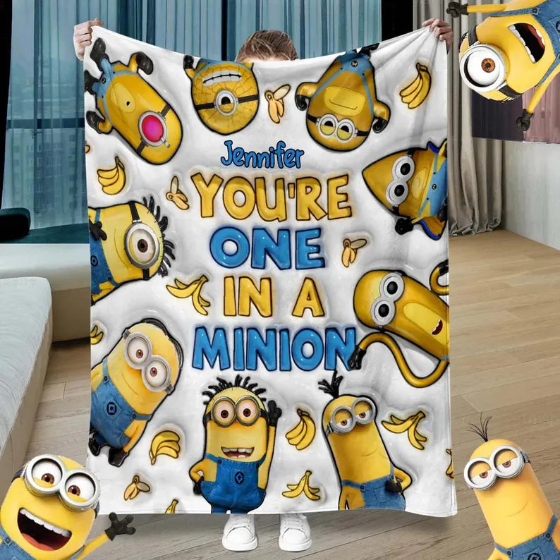 You're One in A Minion Personalized Cartoon Fleece Blanket, Yellow Monster Inflated Throw Blanket, Cute Kid Blanket, Valentines Gift