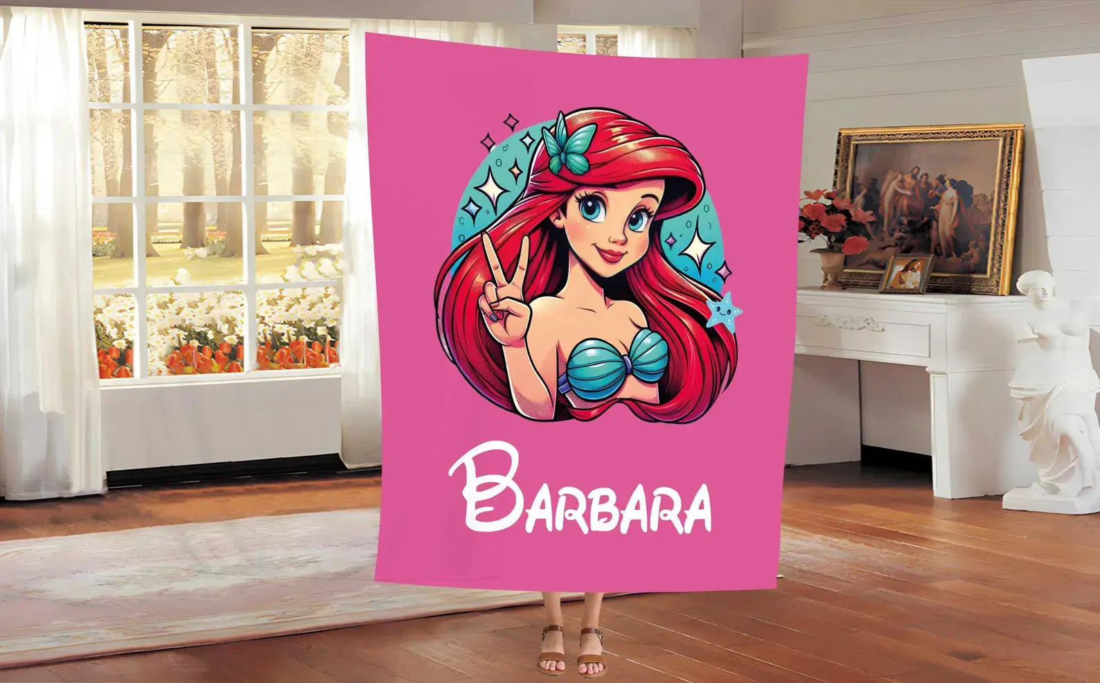 Disney Ariel mermaid tail blanket with custom name, personalized kids blanket for cozy snuggles, perfect for The Little Mermaid fans.