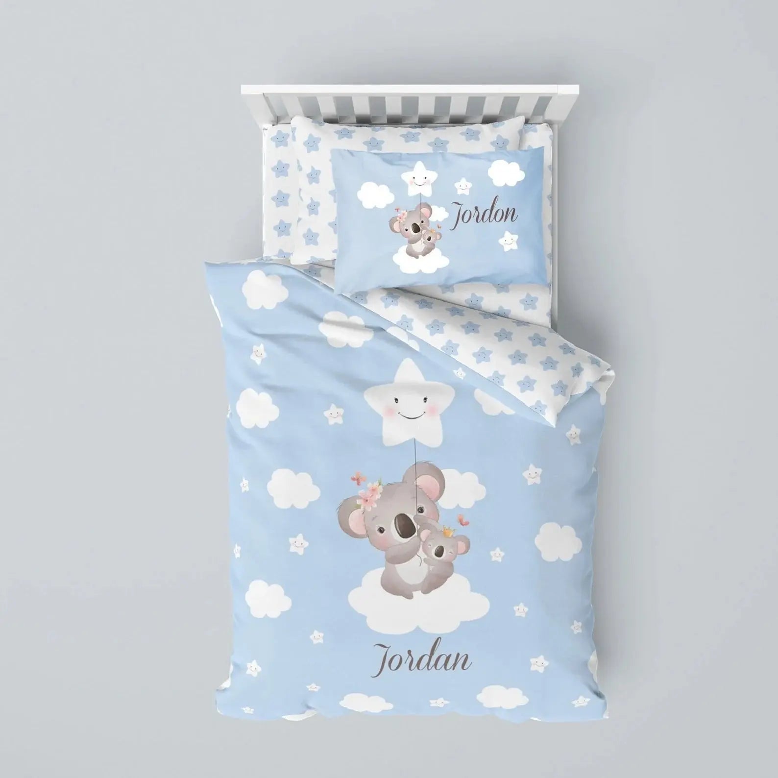 Baby Koalas custom bedding set with personalized duvet cover, nursery bedding set for infants, kids bedding set with soft baby sheet set, cozy and cute décor.
