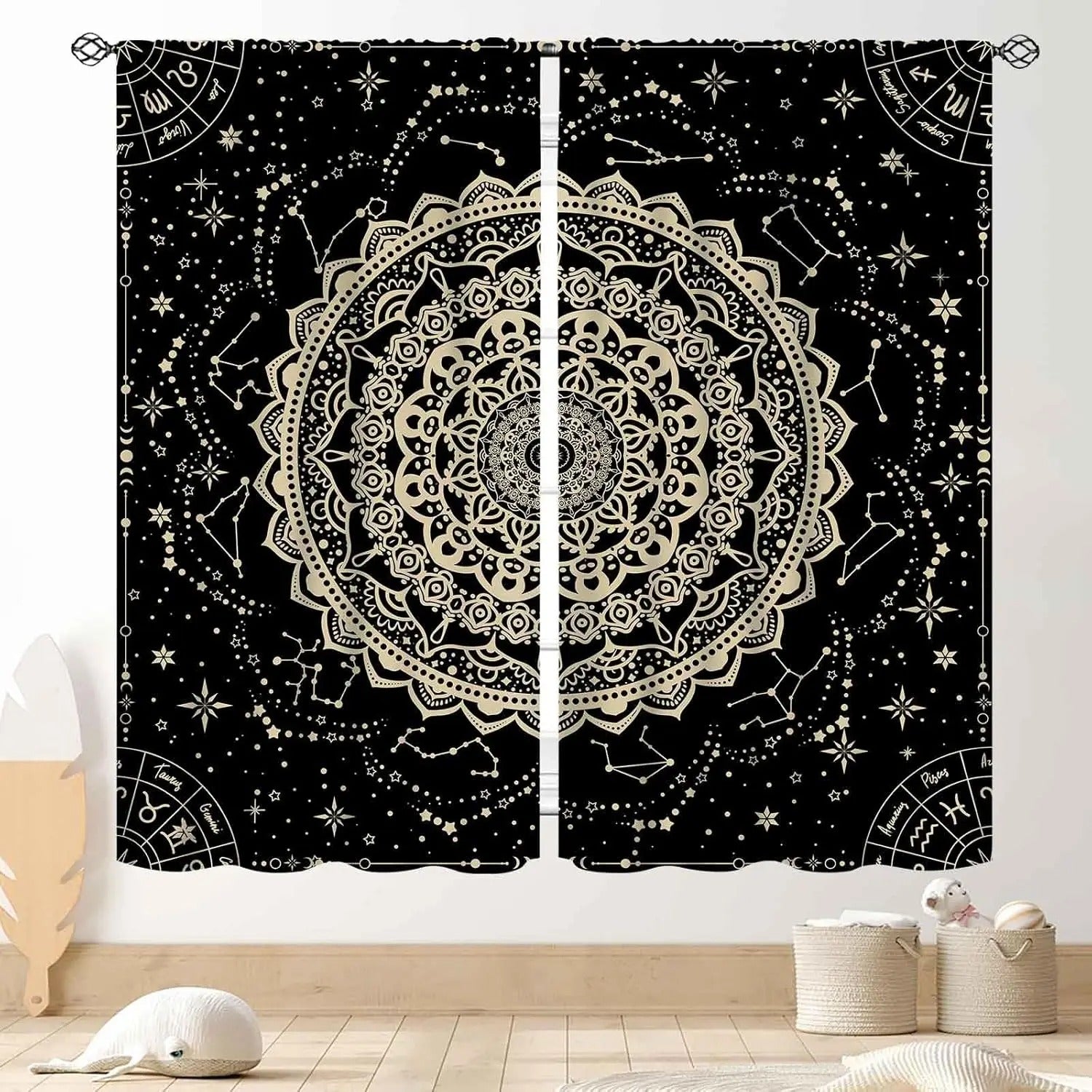 Black Bohemian mandala curtains for modern aesthetic home décor.