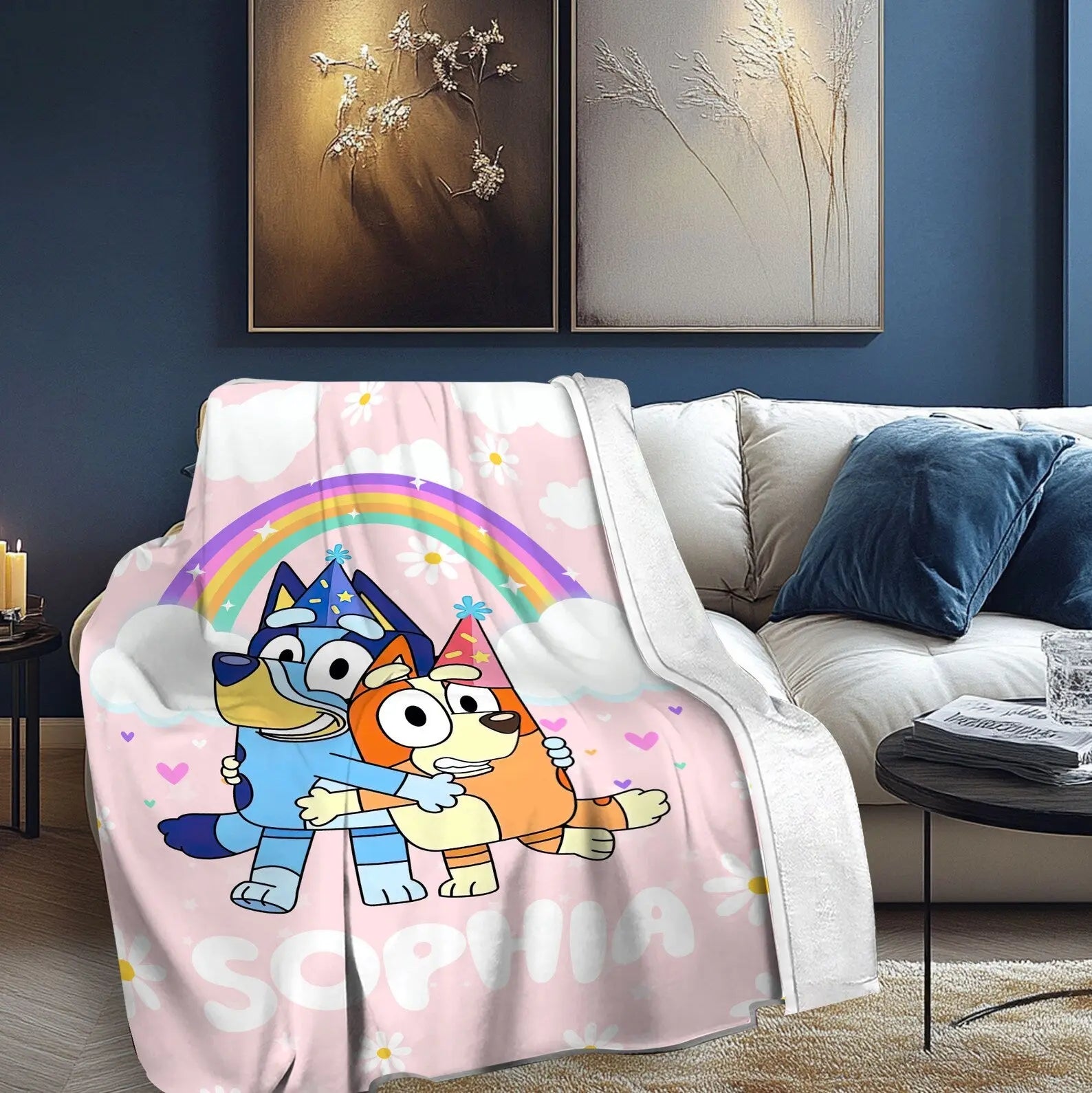 Bluey cartoon personalized kids blanket with custom name, soft and cozy throw for toddlers and children’s bedroom décor
