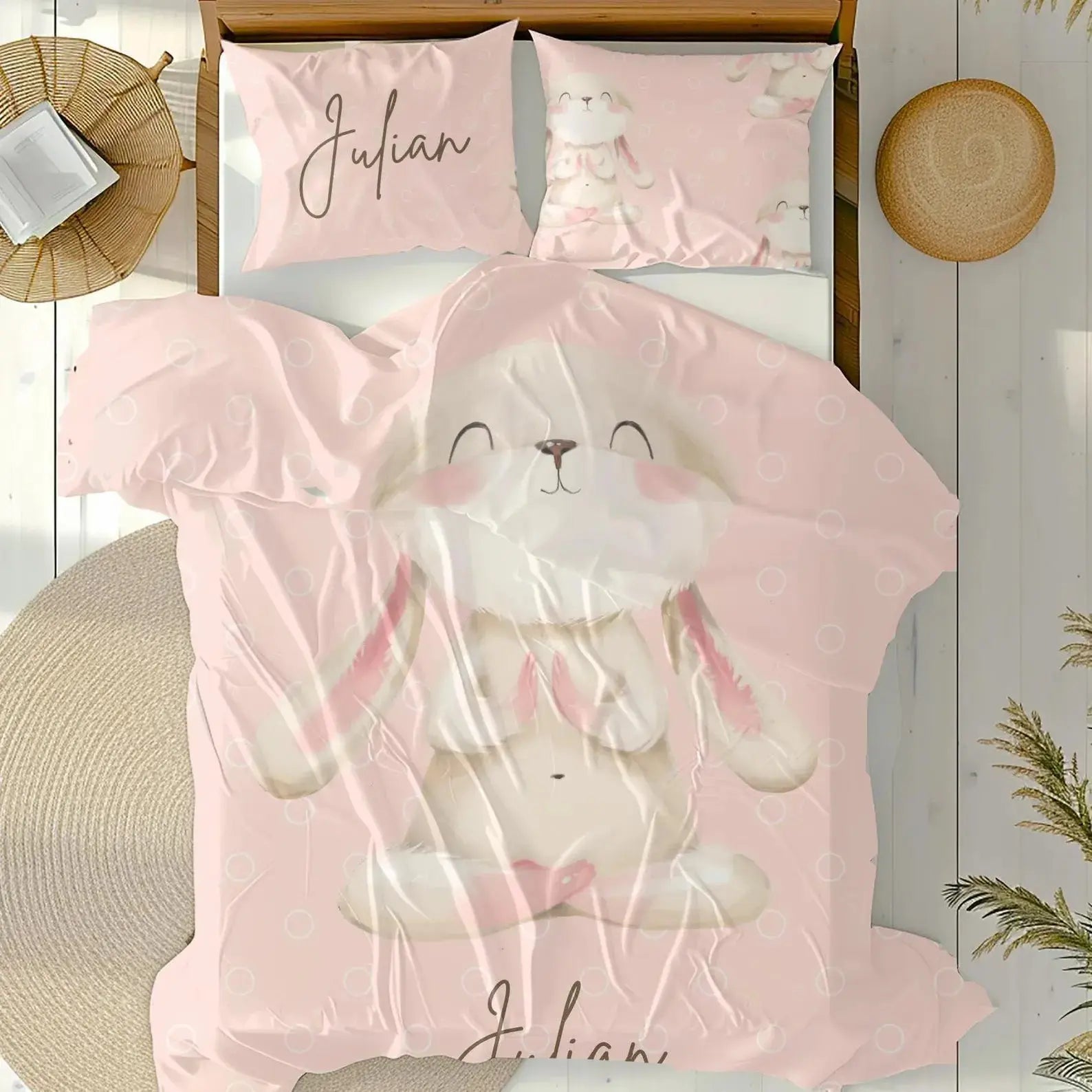 Bunny custom name girls bedding set with personalized duvet cover, kids custom bedding, perfect housewarming gift or birthday present, soft and cozy bedroom décor.