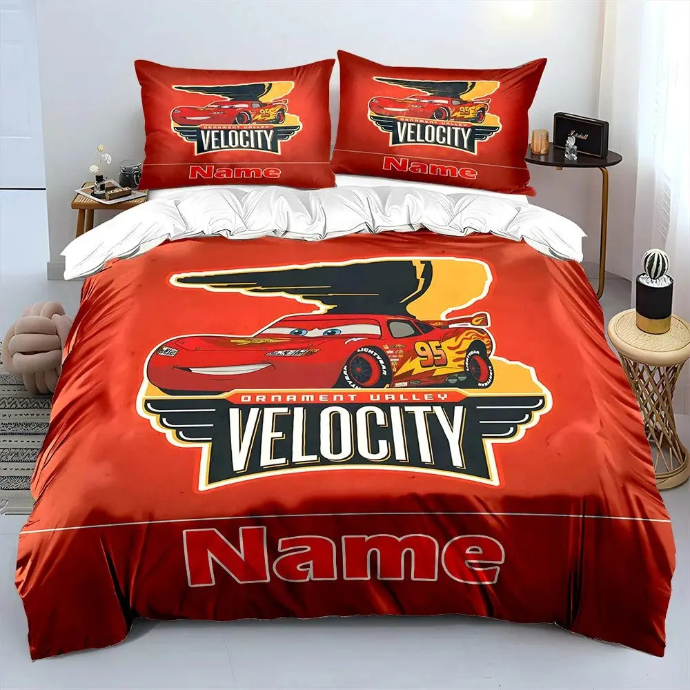 Cartoon car Lightning McQueen bedding set for kids and adults with custom name quilt cover, pillowcases, and comfortable twin to king size bed set