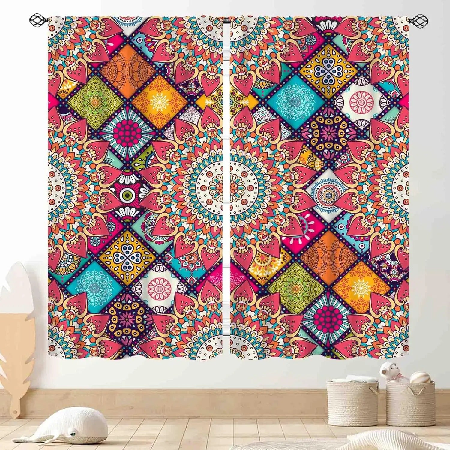 Colorful hippie curtains with trippy aesthetic mandala art design.