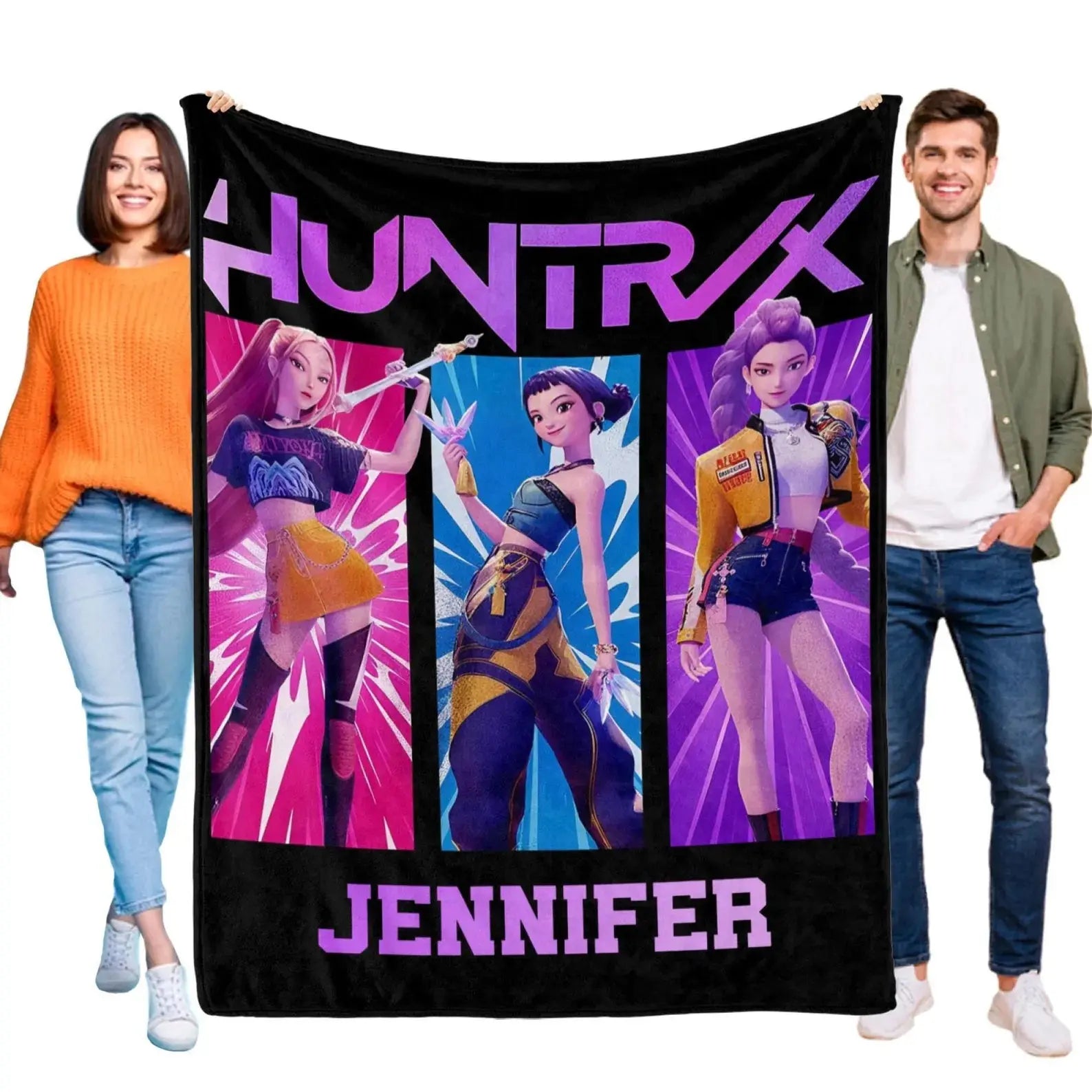 Cozy Kpop Demon Hunters fleece blanket, anime style soft throw gift for fans.