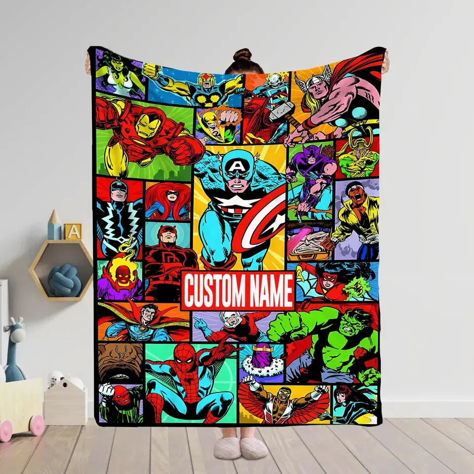 Colorful Avengers superhero kids blanket with custom name, soft personalized throw for toddlers and children’s bedroom décor