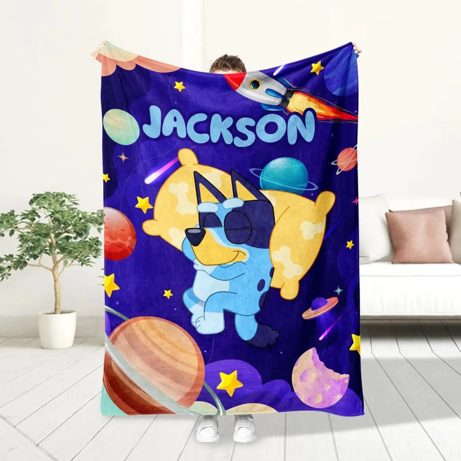Custom Bluey cartoon kids blanket, personalized bedding for toddlers and children, cozy baby blanket perfect for kids bedroom gift.