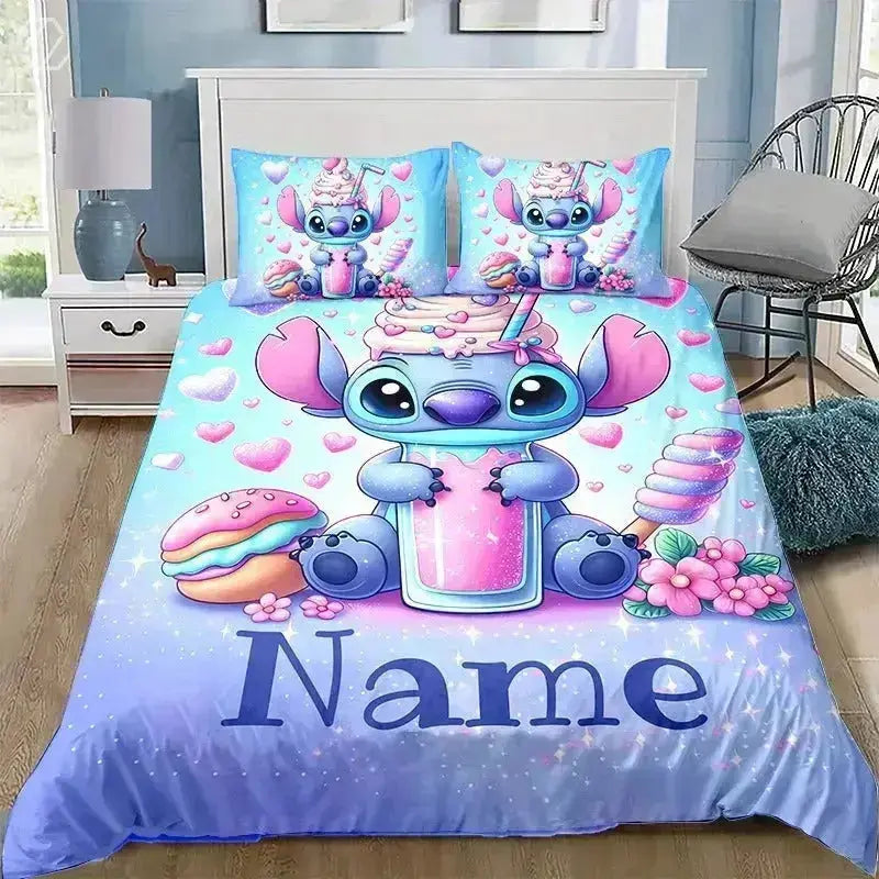 Custom Lilo & Stitch 3D cartoon bedding set featuring Stitch with a milkshake and sweet treats, personalized with a custom name; includes soft duvet cover and matching pillowcases, perfect for kids’ or fans’ bedrooms.