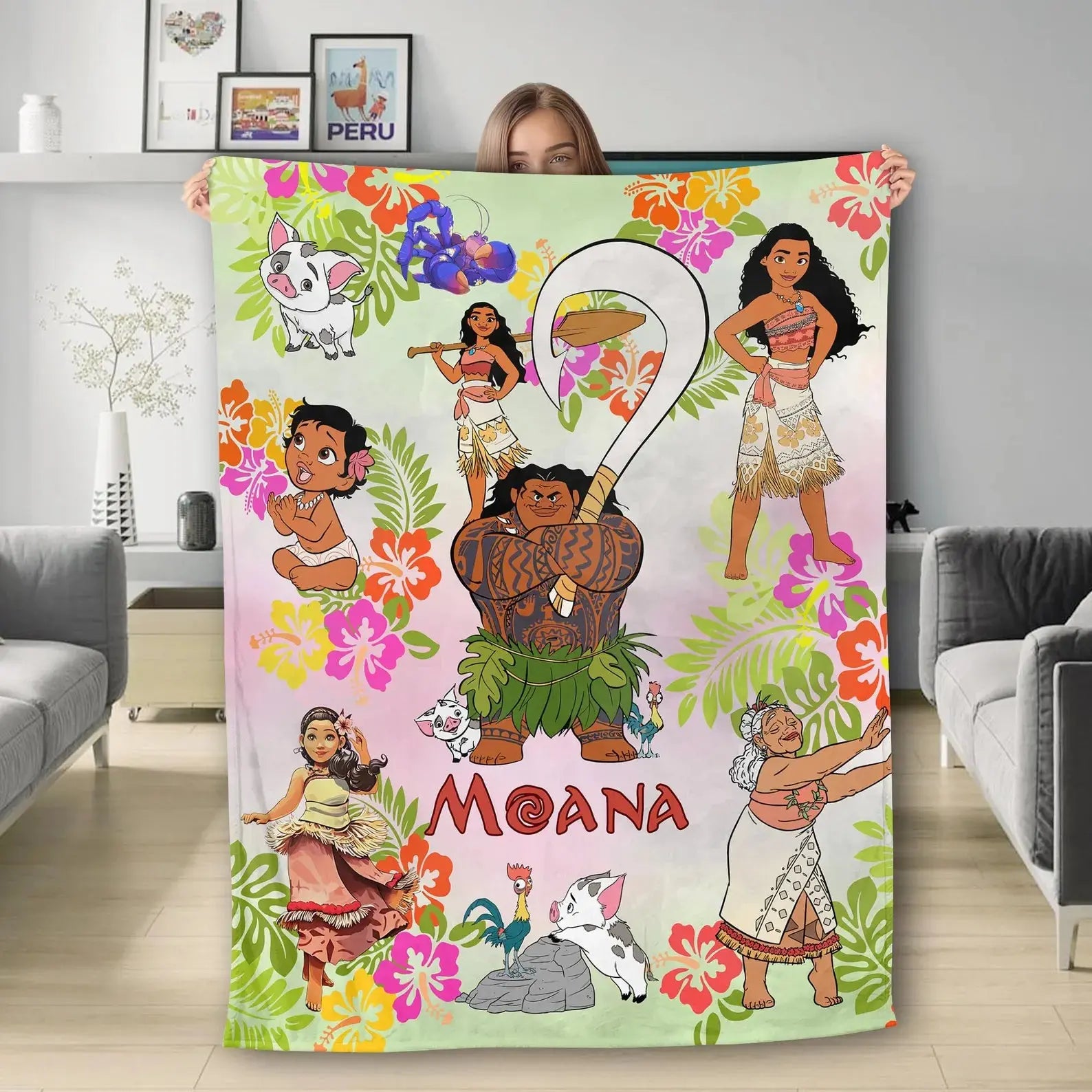 Custom Moana kids blanket with Moana, Maui, Pua, and Heihei, personalized name soft throw for toddlers and children’s bedroom décor