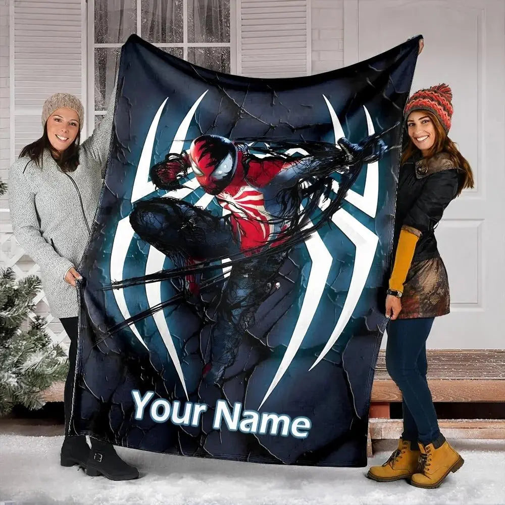 Custom name blanket with Marvel Spider-Man and Venom cartoon design, soft personalized kids throw