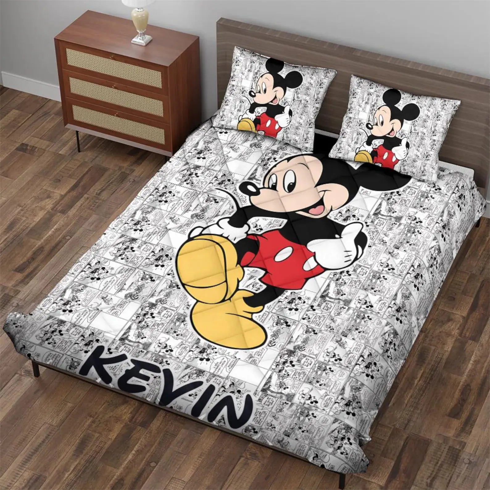 Custom name Mickey quilt bed set featuring iconic cartoon character design, cozy Mickey Mouse bed quilt for kids bedroom décor.