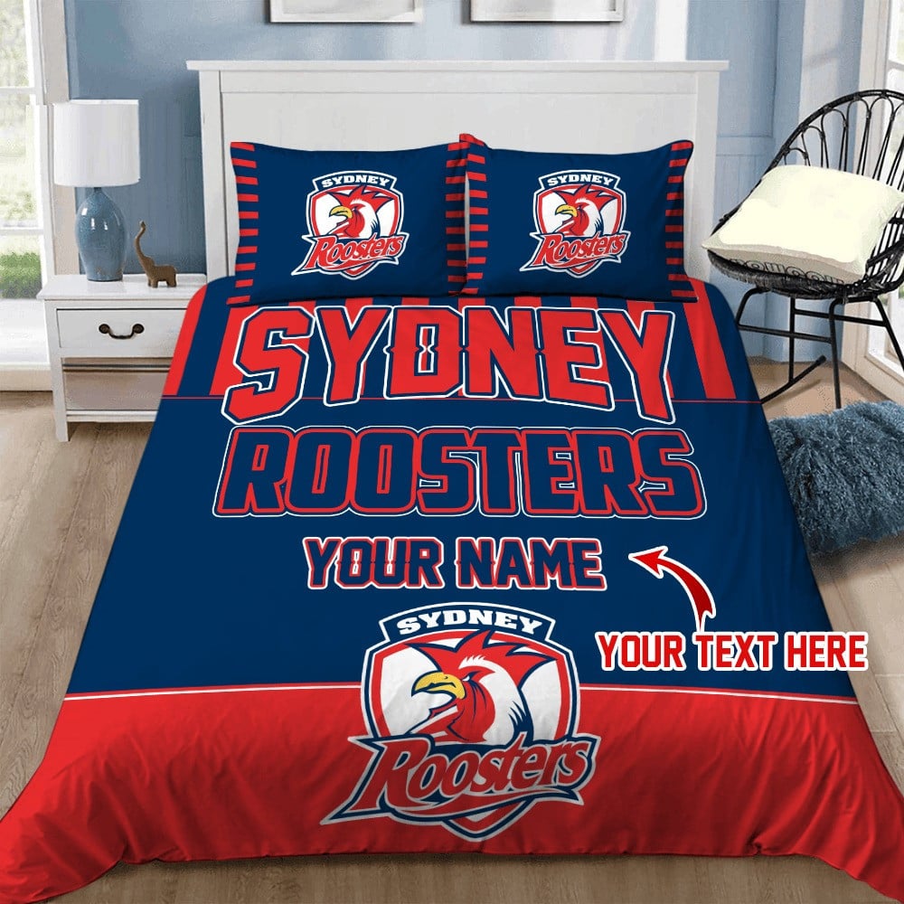 Custom Rugby Bedding Set – Sydney Roosters Doona Quilt Duvet Cover & Pillow Cases, NRL Rugby League Bedding, Personalized Rugby Bedroom Decor & Gift