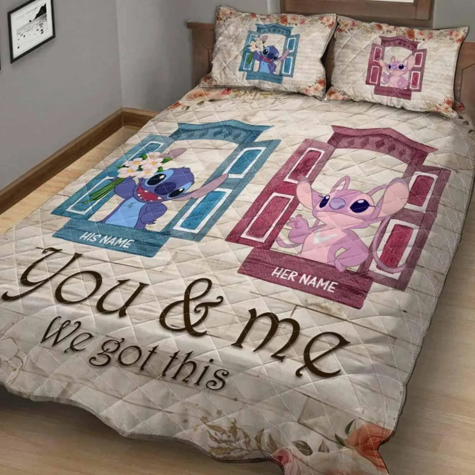 Stitch and Angel quilt bed set featuring Lilo and Stitch couple design, cute alien love quilt set, cozy Disney blanket for kawaii bedroom décor