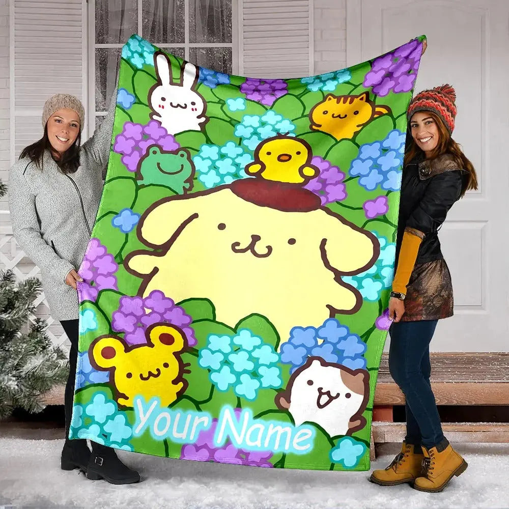 Customizable Sanrio Pom Pom Purin flannel blanket with name, perfect gift idea