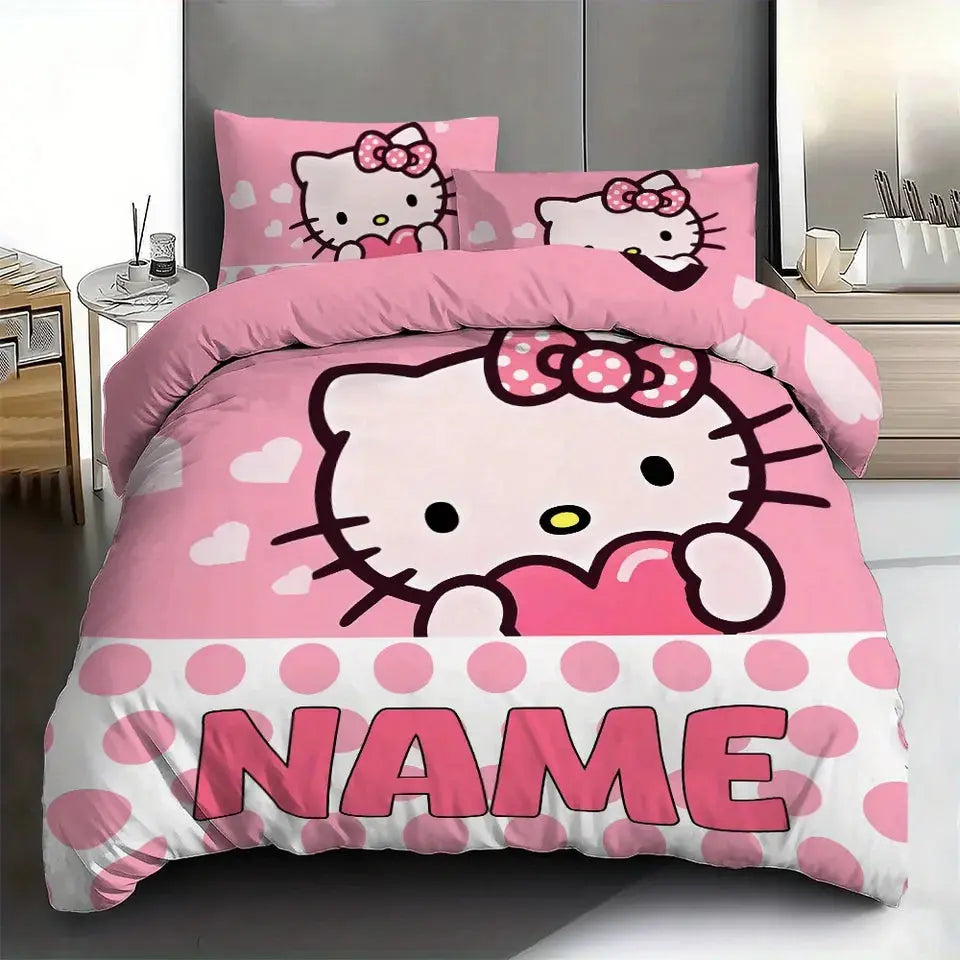 Pink Hello Kitty customized kids bedding set with duvet cover and pillowcases, cute cartoon girls bedroom decor available in twin, queen, and king sizes