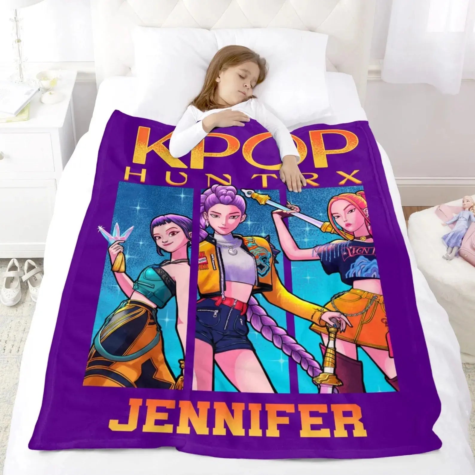 Huntrix Kpop Demon Hunters blanket, customized plush fleece throw gift idea.
