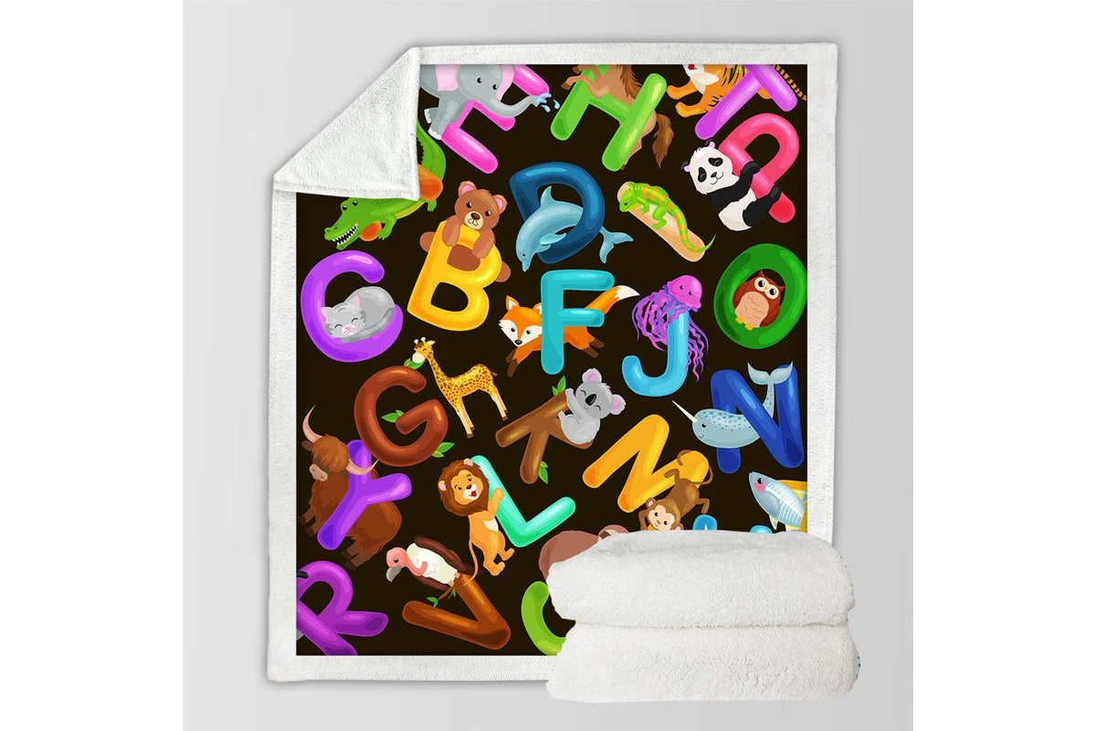 Animal alphabet mix blanket for kids, colorful educational throw for nursery or daycare.