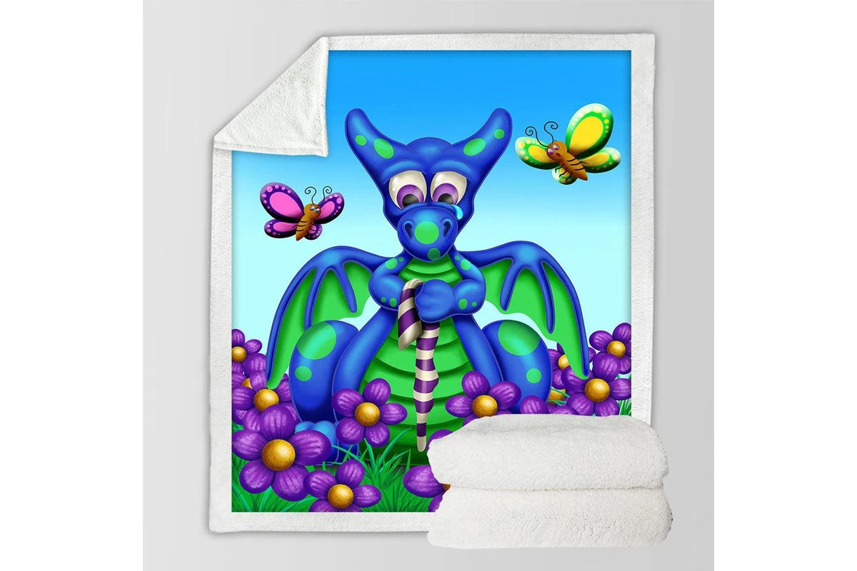 Blue dragon with purple flowers kids blanket, fantasy print soft flannel throw.
