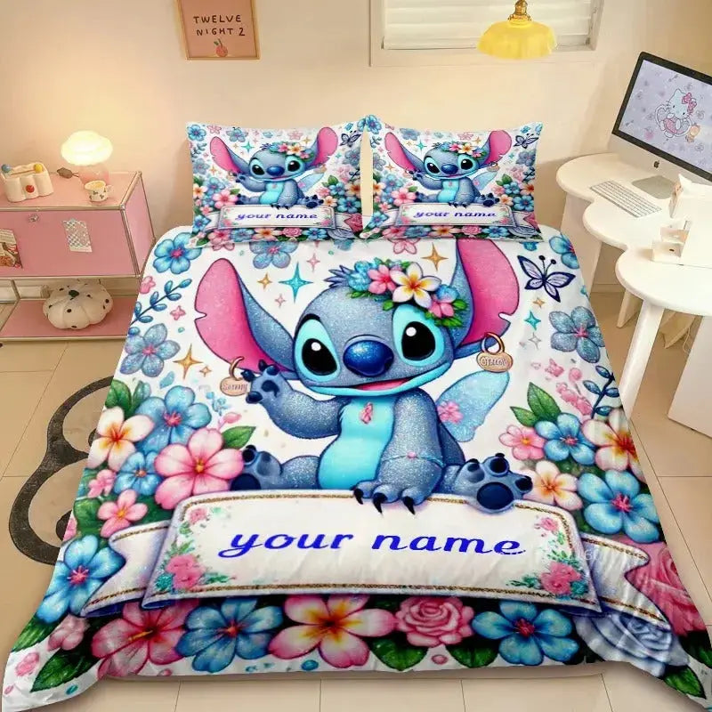 Custom Cartoon Duvet Cover Zirconic Custom cartoon quilt cover set with Stitch artwork, includes your child’s name printed on the fabric, ideal for playful kids’ rooms.