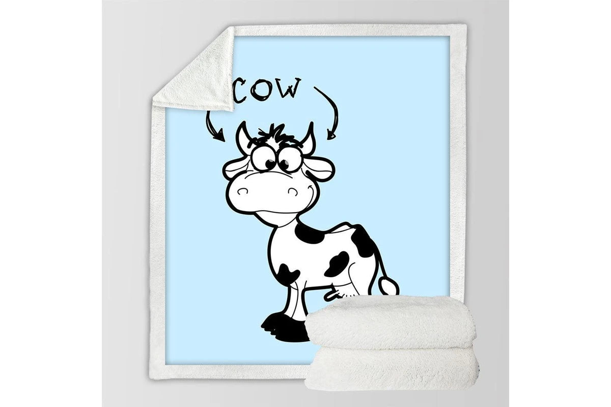 Cute cartoon cow kids blanket, cozy flannel throw for toddlers and farm animal lovers.