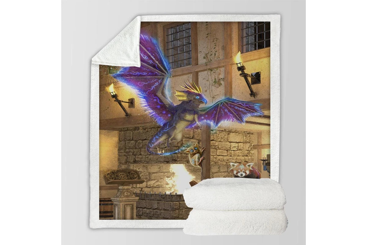 Adorable fantasy creatures blanket for kids, whimsical cartoon design flannel throw.