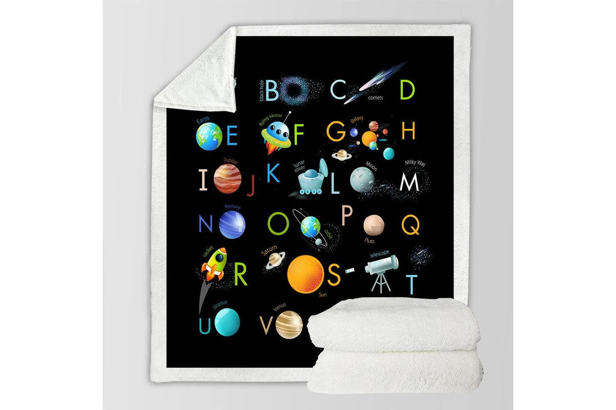 Space themed alphabet throw blanket for kids, educational galaxy print soft blanket.