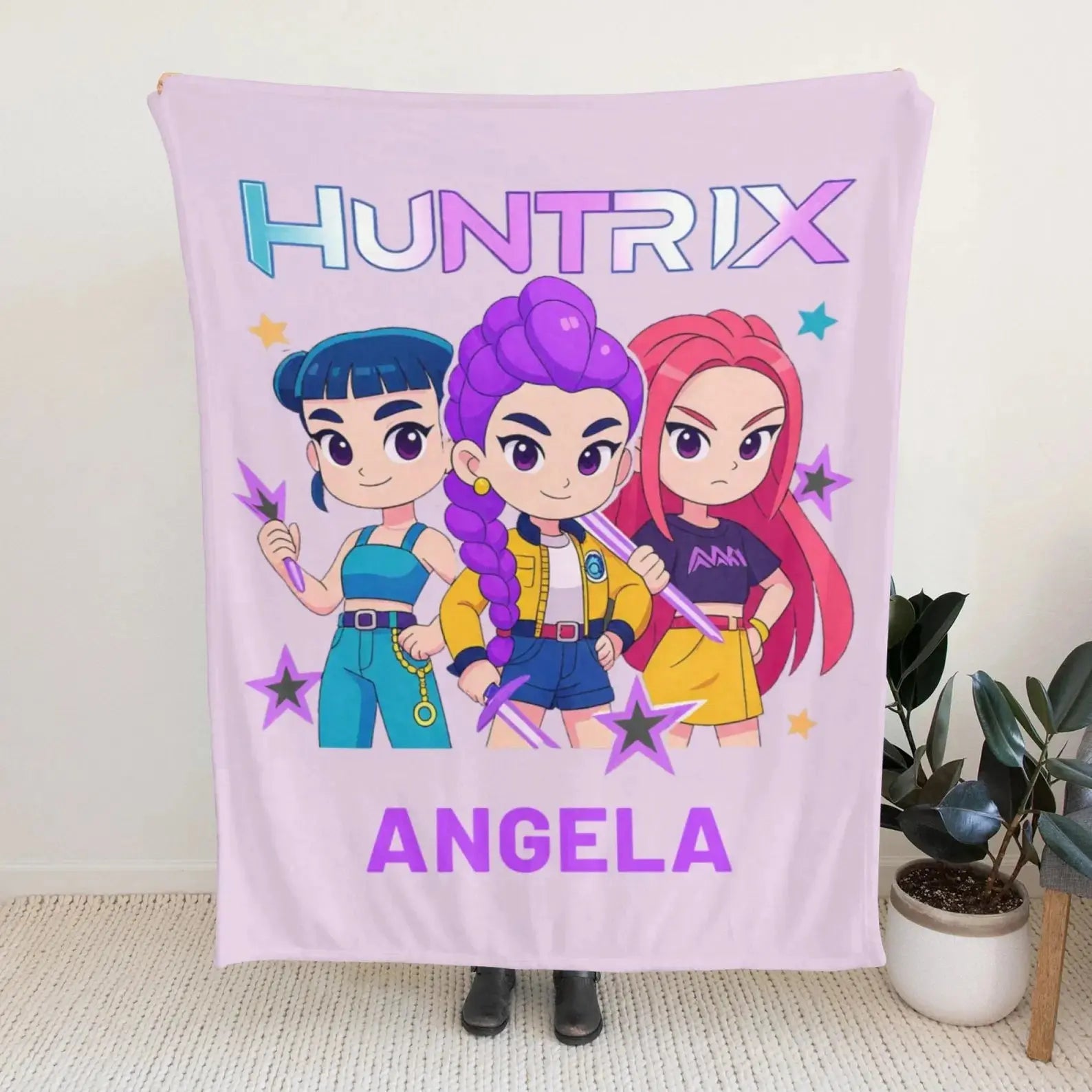 Kpop Demon Hunters soft fleece blanket with custom name, cozy anime throw gift.