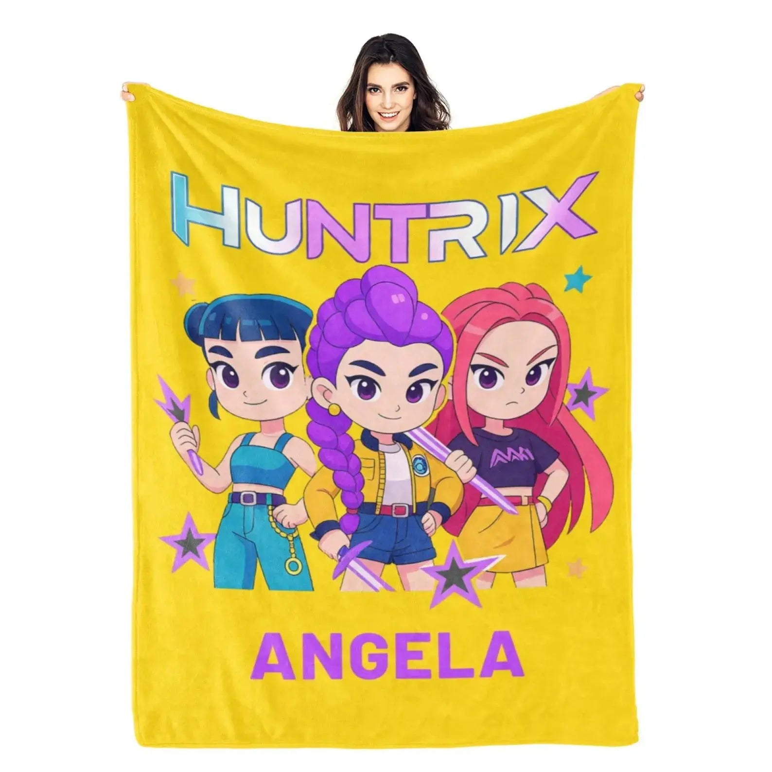 Kpop Demon Hunters Rumi Mira Zoey custom name blanket, cozy anime throw.